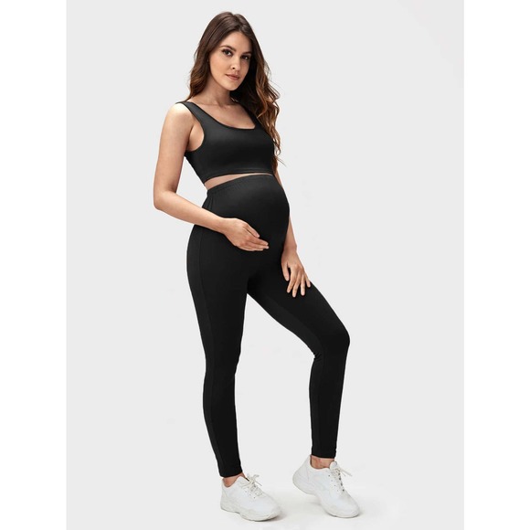 Maternity Scoop Neck Crop Top Leggings Set - Picture 1 of 9